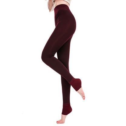 Fleece-Lined Thermal Leggings  Free Size - Red Wine