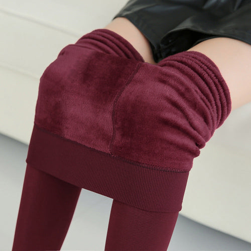 Fleece-Lined Thermal Leggings  Free Size - Red Wine