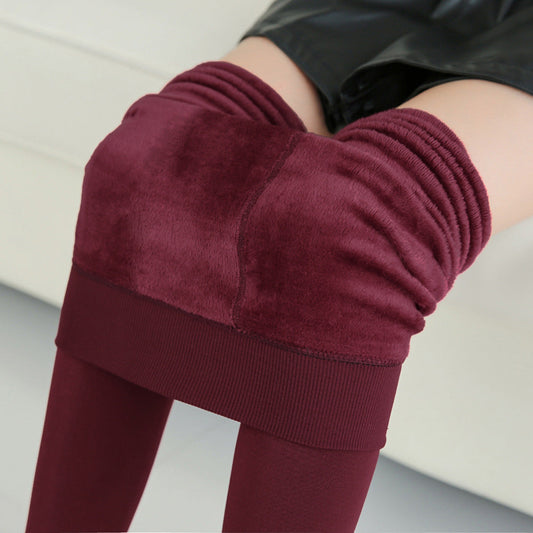 Fleece-Lined Thermal Leggings  Free Size - Red Wine