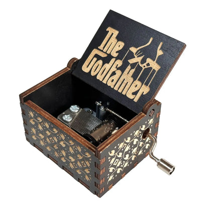 Wooden music box with 'The Godfather' design on a white background