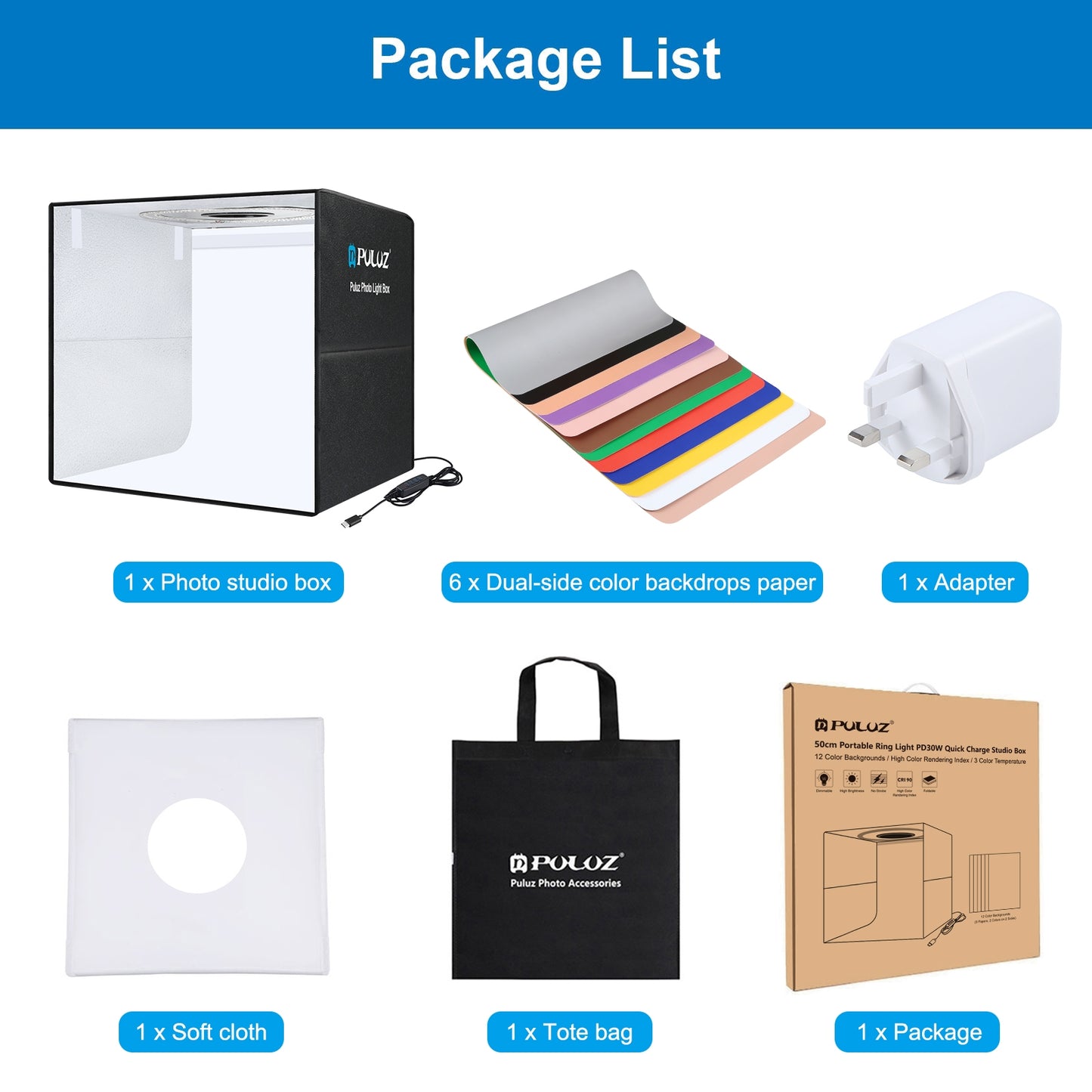 PULUZ Photo Box Kit - PD30W USB-C + 6 Dual Backdrops [50cm]
