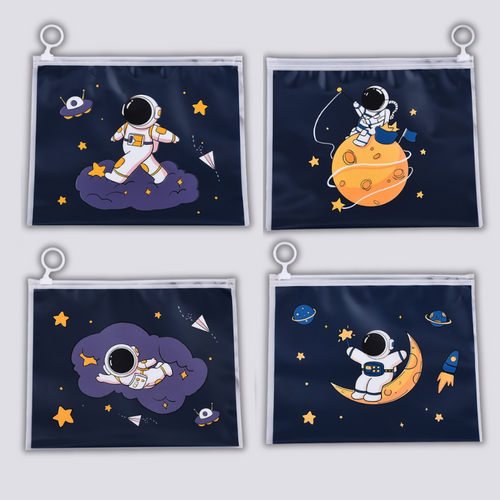 Astronaut A5 Size Pencil Case File Folder – Frosted Zipper Pouch for Students, Waterproof School Supplies, Kids' Stationery Organizer [4 Pack]