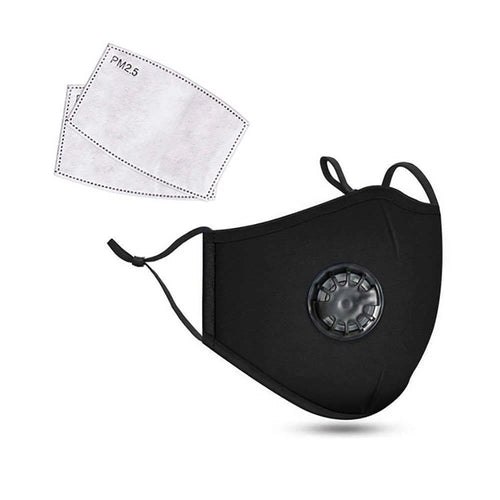 Black cotton face mask with breathing valve and 2 PM2.5 filters