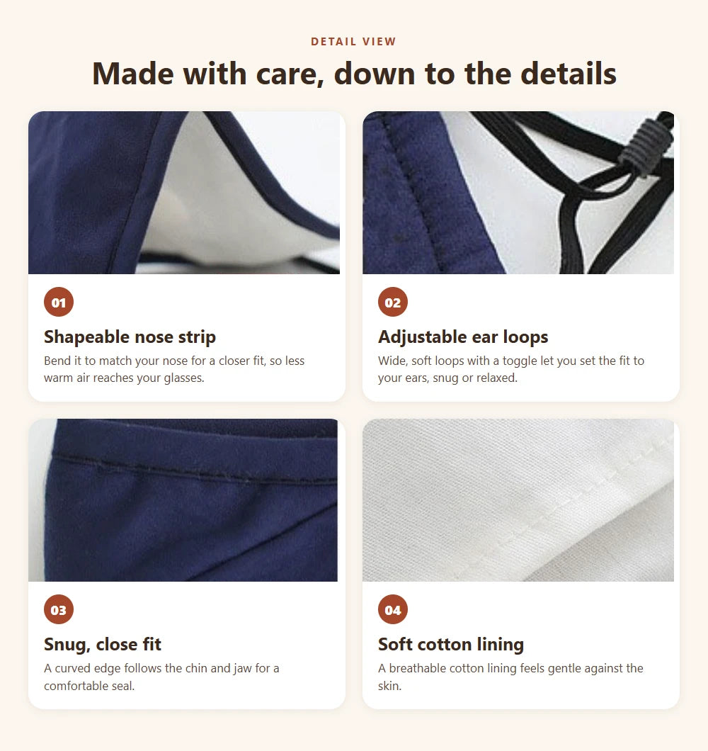 Close-up details of the cotton face mask: nose strip, adjustable ear loops, curved edge and soft cotton lining