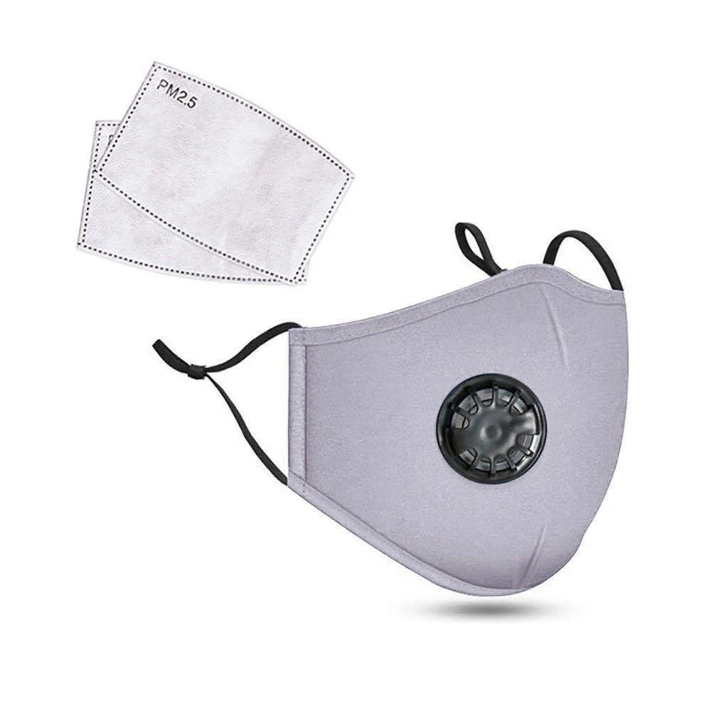 Grey cotton face mask with breathing valve and 2 PM2.5 filters