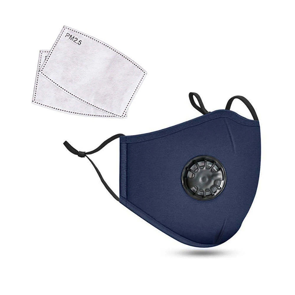 Navy blue cotton face mask with breathing valve and 2 PM2.5 filters