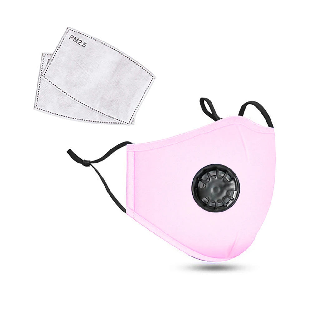 Pink cotton face mask with breathing valve and 2 PM2.5 filters