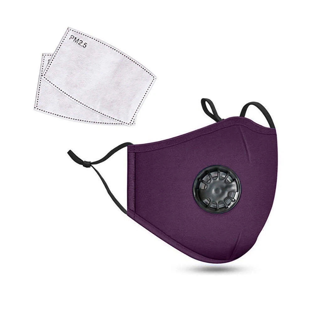 Purple cotton face mask with breathing valve and 2 PM2.5 filters