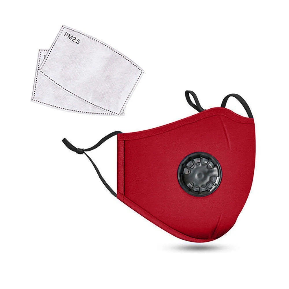 Red cotton face mask with breathing valve and 2 PM2.5 filters