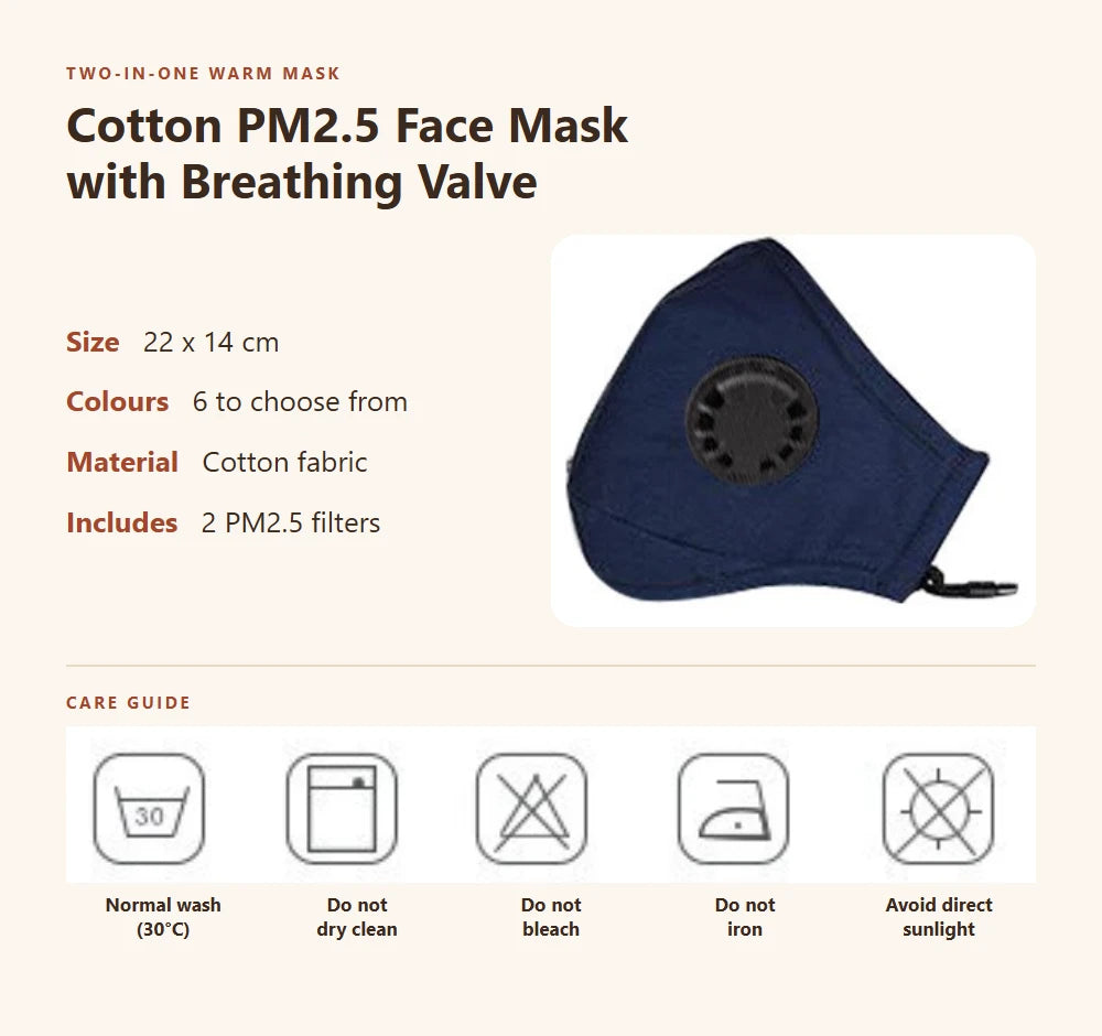 Cotton PM2.5 face mask size 22 x 14 cm with care guide