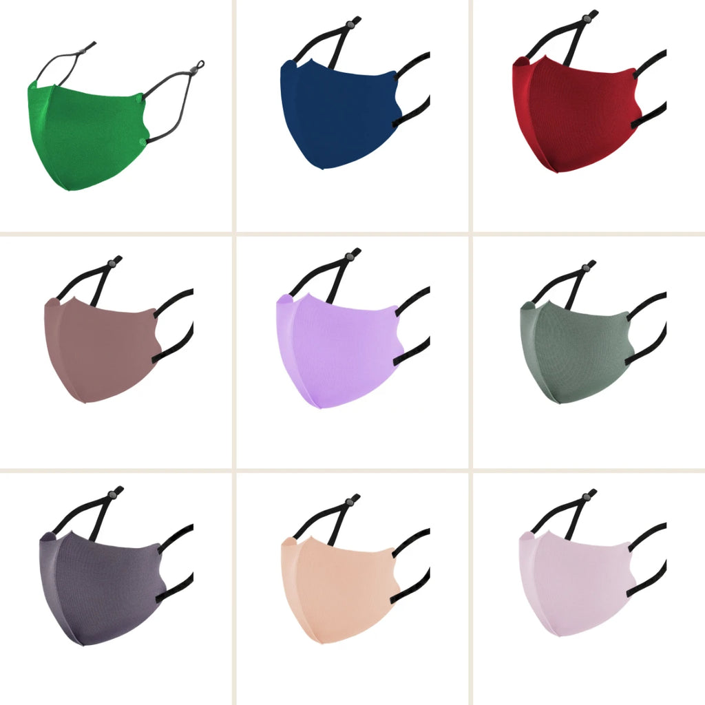 Collage of adult cotton ice silk face masks in green, royal blue, wine red, dusty rose, light purple, sage green, grey purple, nude and lilac