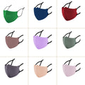 Collage of adult cotton ice silk face masks in green, royal blue, wine red, dusty rose, light purple, sage green, grey purple, nude and lilac