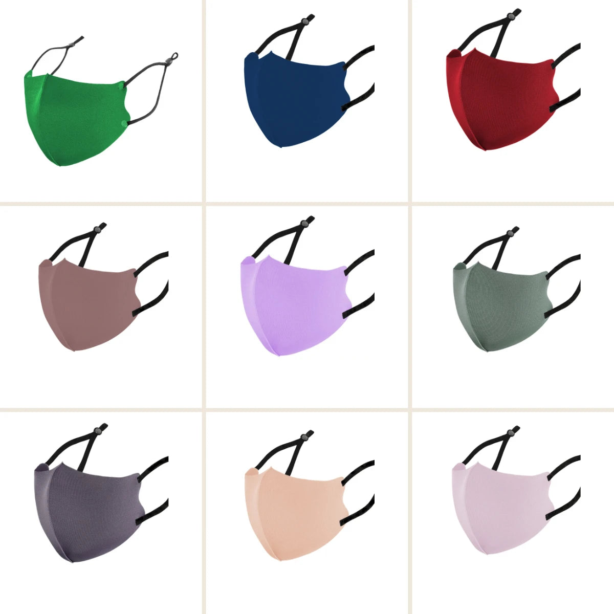 Collage of adult cotton ice silk face masks in green, royal blue, wine red, dusty rose, light purple, sage green, grey purple, nude and lilac