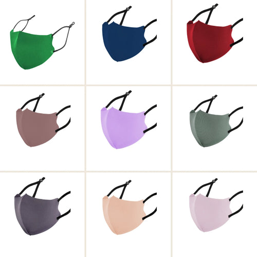 Collage of adult cotton ice silk face masks in green, royal blue, wine red, dusty rose, light purple, sage green, grey purple, nude and lilac