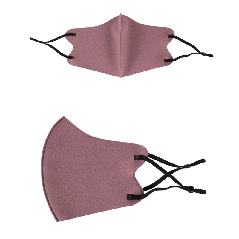 Front and side view of the 3D ice silk face mask showing its shape and adjustable ear loops