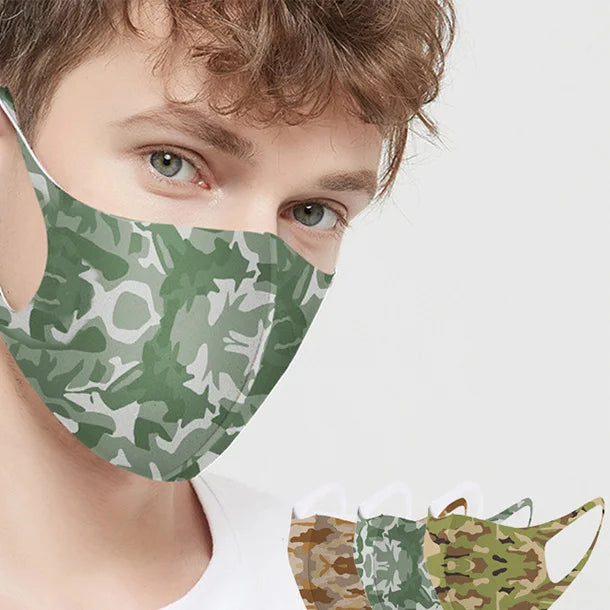 Green camo ice silk face mask worn by a man, with sand, green and olive camo masks