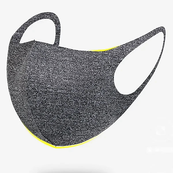 Grey melange ice silk face mask showing its 3D shape and stretchy ear loops