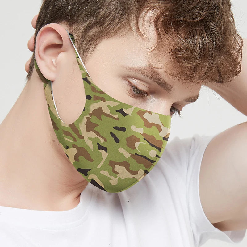 Side view of an olive camo ice silk face mask with wide ear loop
