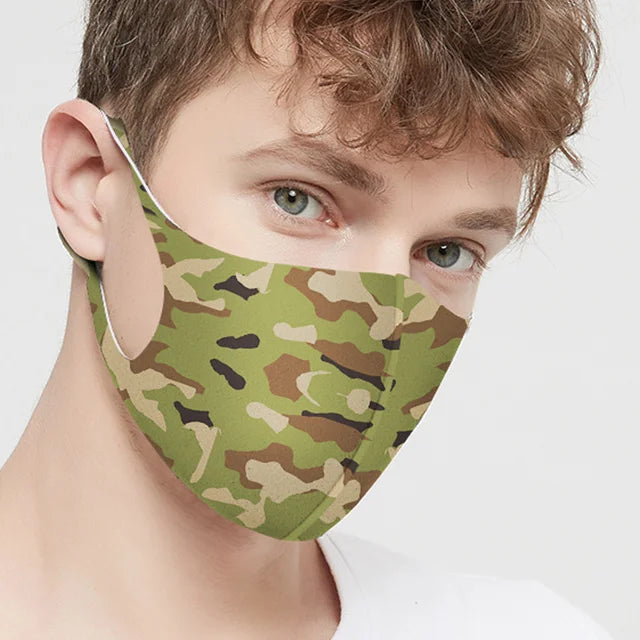 Man wearing an olive camo ice silk 3D face mask