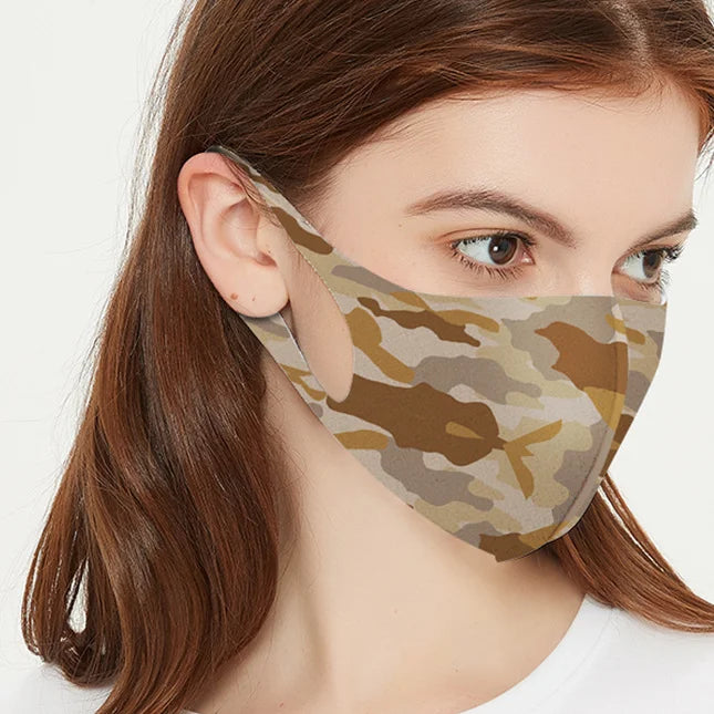 Woman wearing a sand camo ice silk 3D face mask