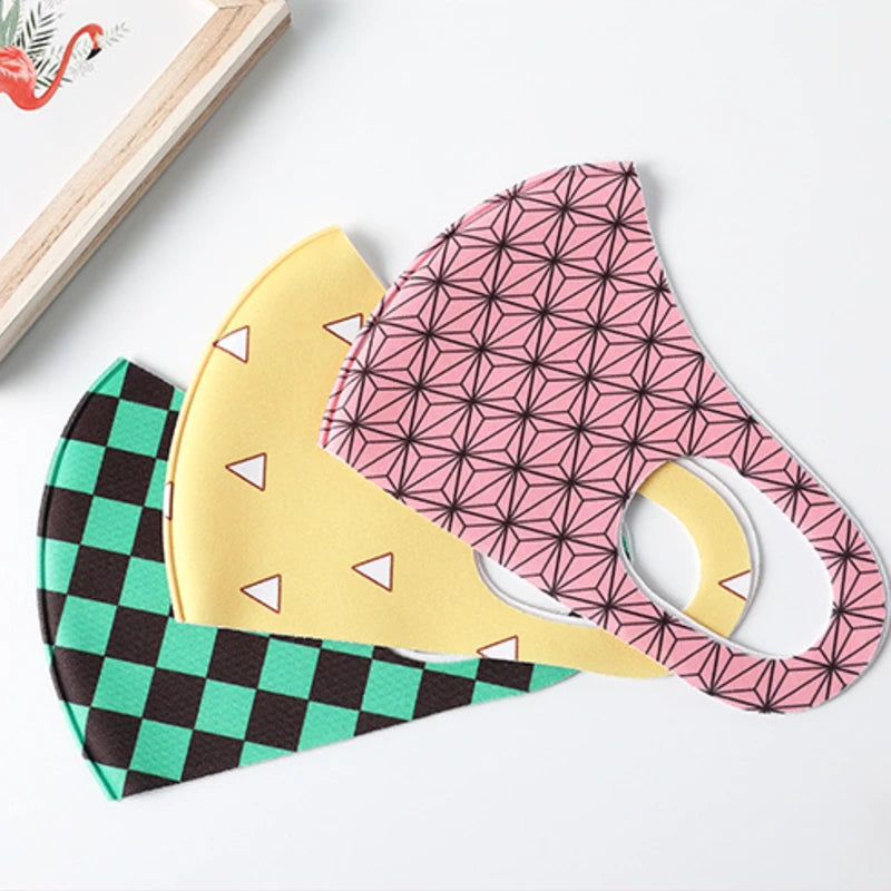Printed ice silk face masks for adults in green check, yellow triangle and pink star designs