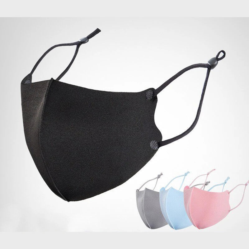 Adult thin ice silk face mask with adjustable ear loops in black, plus grey, sky blue and pink