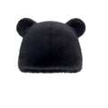Black fluffy faux fur hat with round bear ears, front view