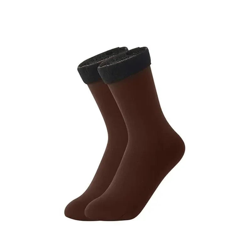 Pair of brown velvet thermal socks with black fleece-lined cuffs on a white background