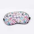 Lilac sleep eye mask with unicorn, mermaid cat, heart and star doodle print