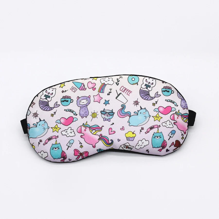 Lilac sleep eye mask with unicorn, mermaid cat, heart and star doodle print