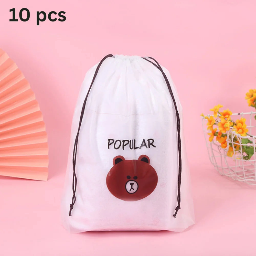 Frosted drawstring storage bag with a cute brown bear design, pack of 10