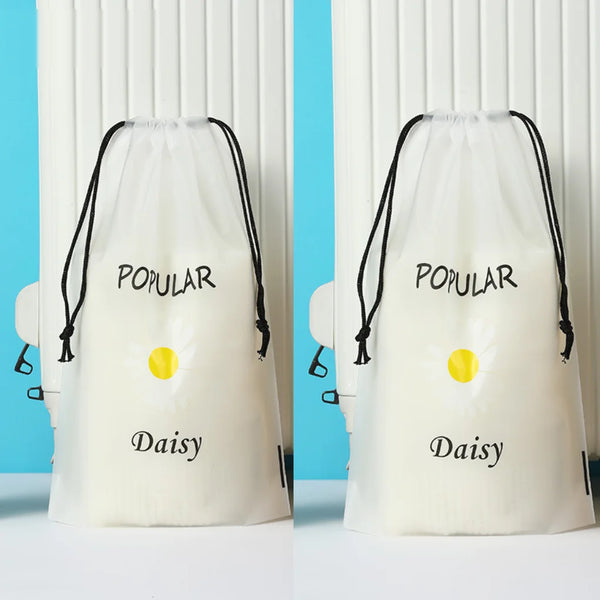 Frosted drawstring storage bags with a single daisy design