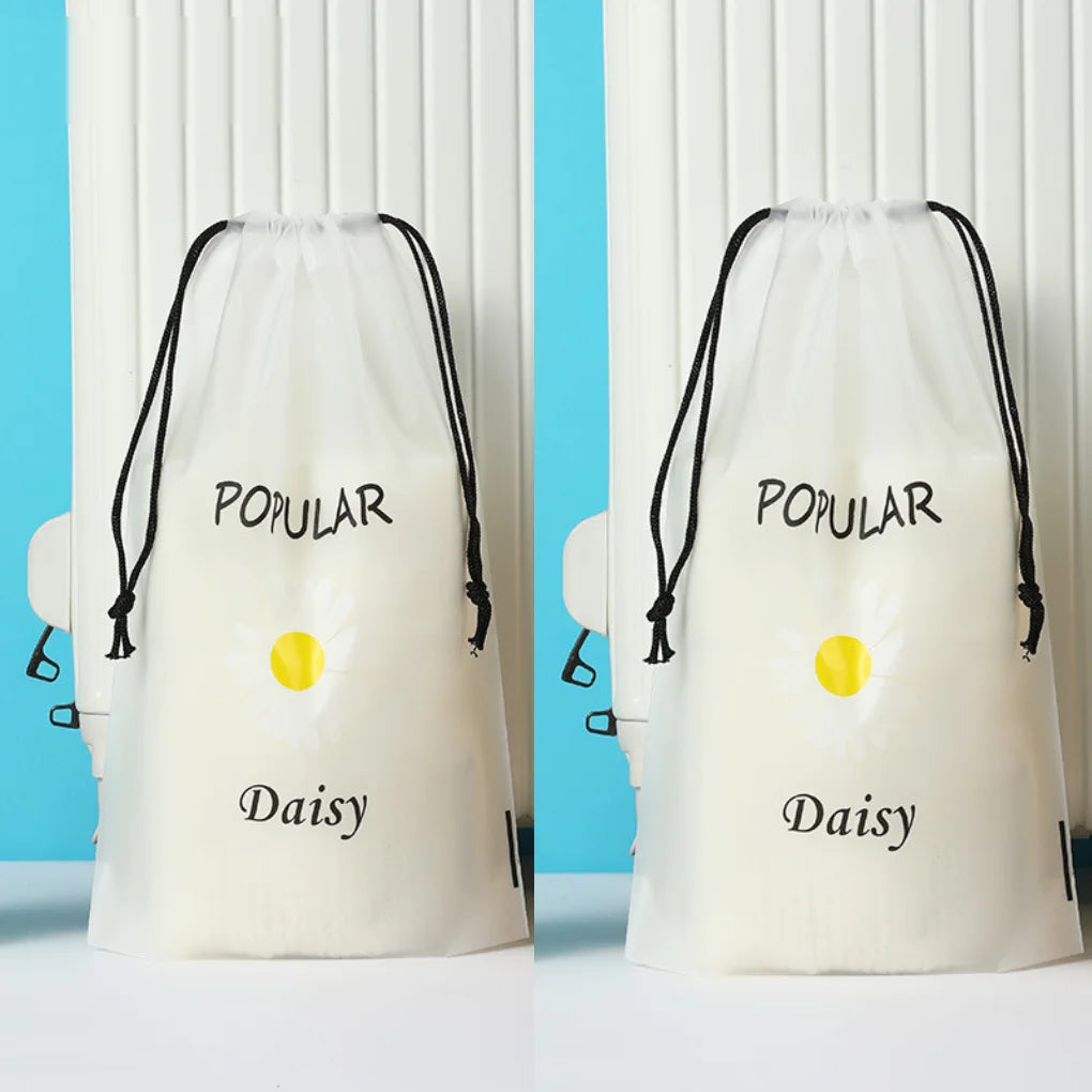 Frosted drawstring storage bags with a single daisy design