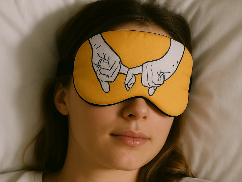 Yellow sleep eye mask with pinky promise hands print