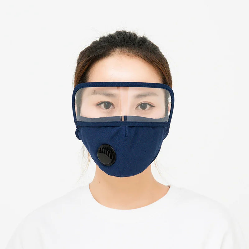 Navy blue face mask with clear eye shield and breathing valve