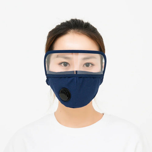 Navy blue face mask with clear eye shield and breathing valve