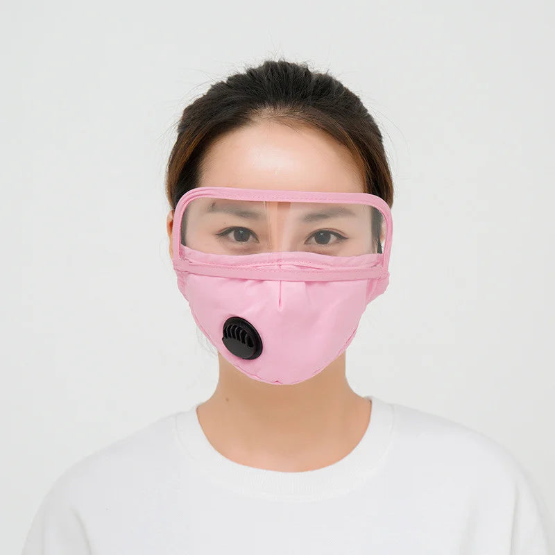 Pink face mask with clear eye shield and breathing valve