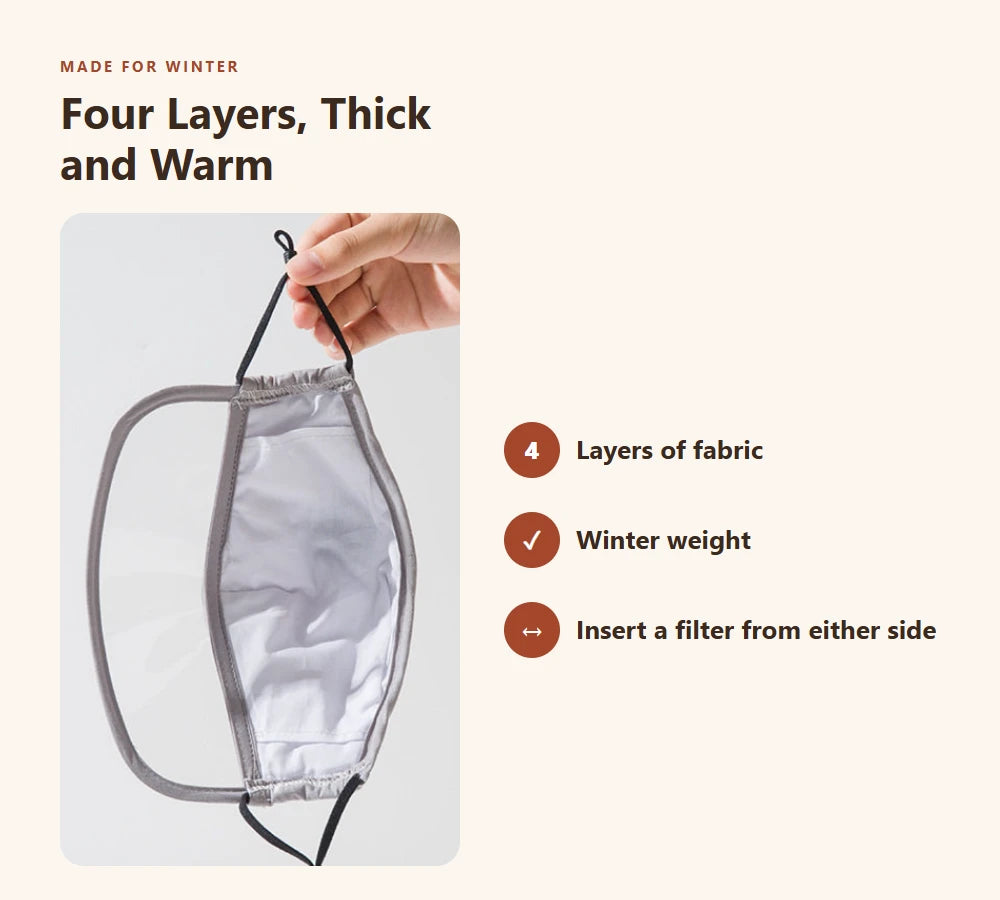Four-layer thick winter face mask with eye shield, filter can be inserted from either side
