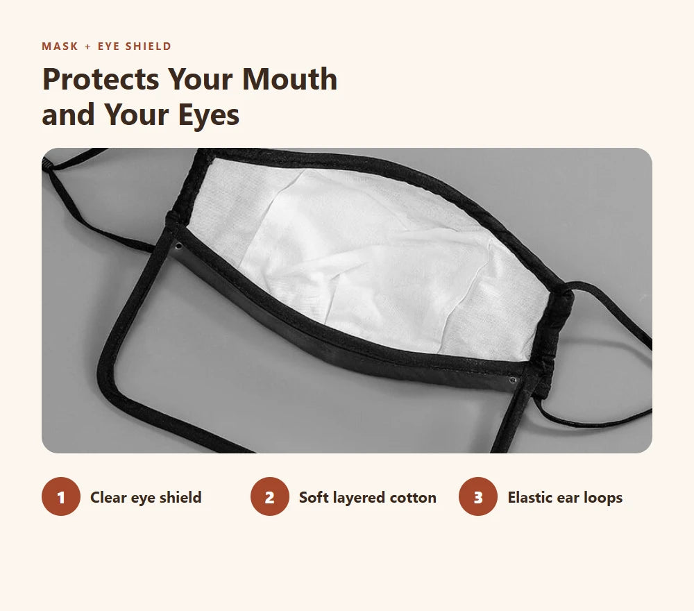 Inside of the face mask showing the clear eye shield, layered cotton and elastic ear loops