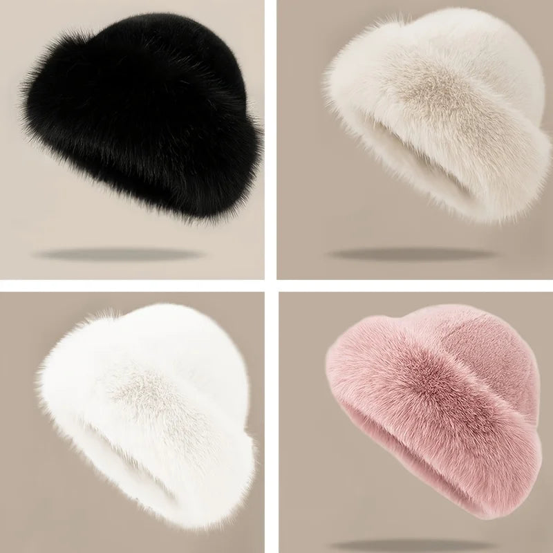 Fluffy faux fur winter hats for women in black, beige, white and pink