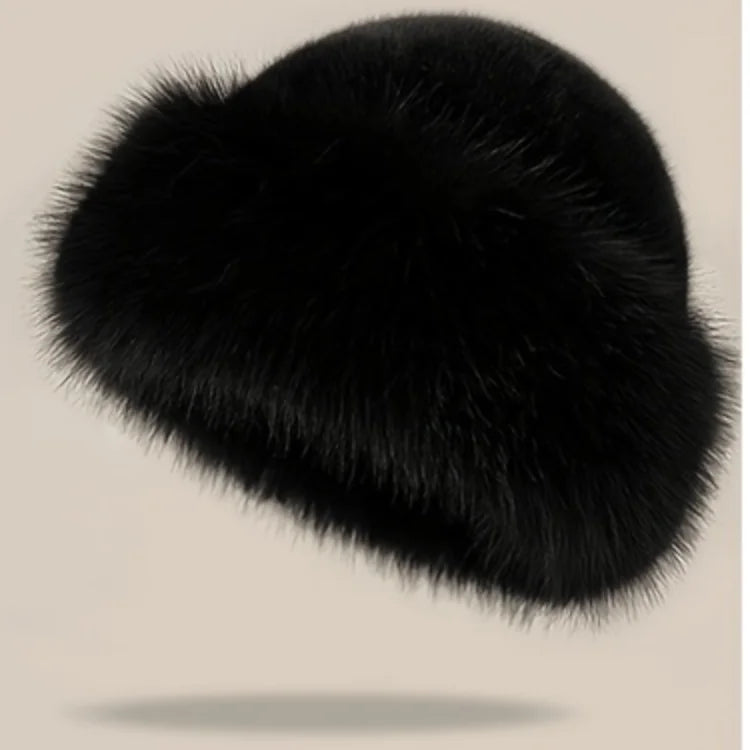 Black fluffy faux fur winter hat with a deep cuff