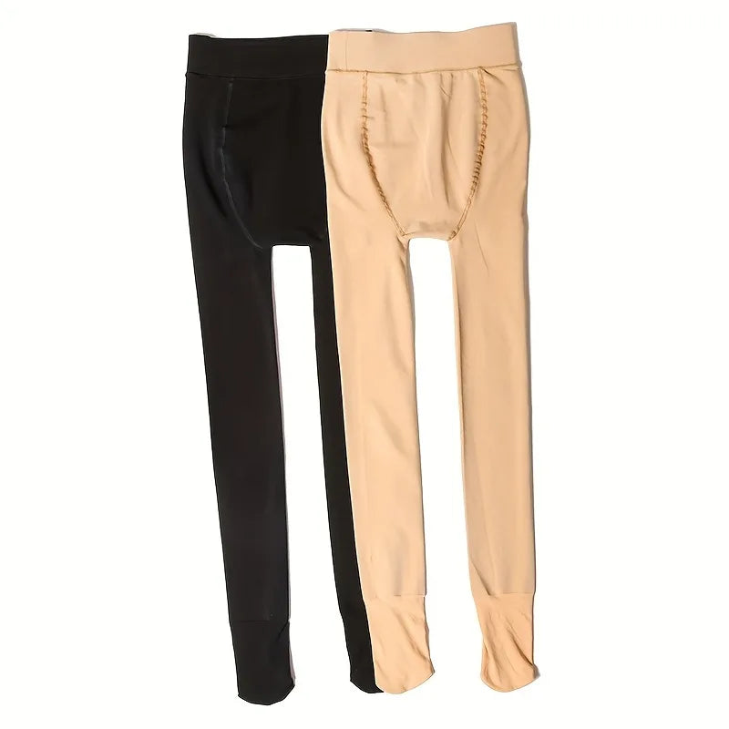 Black and skin fleece-lined footed tights laid flat, showing the full feet and high waistband