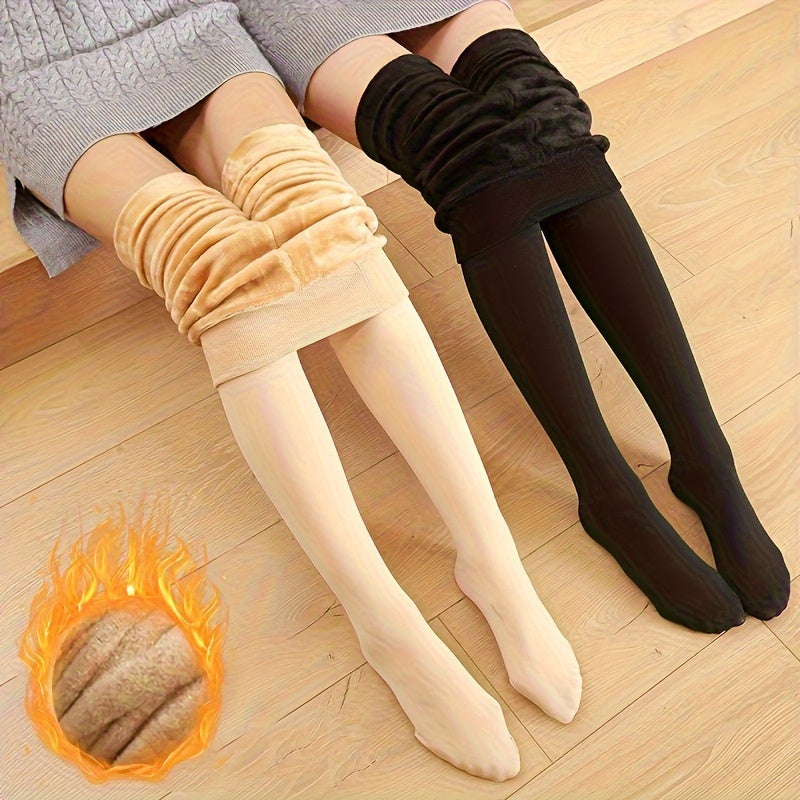 Skin and black fleece-lined footed tights with the plush fleece lining folded down, worn side by side