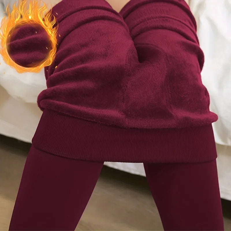 Wine thermal leggings with the warm fleece lining highlighted