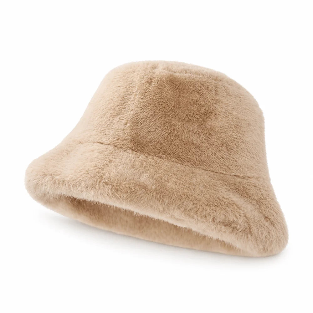 Beige fluffy faux fur bucket hat