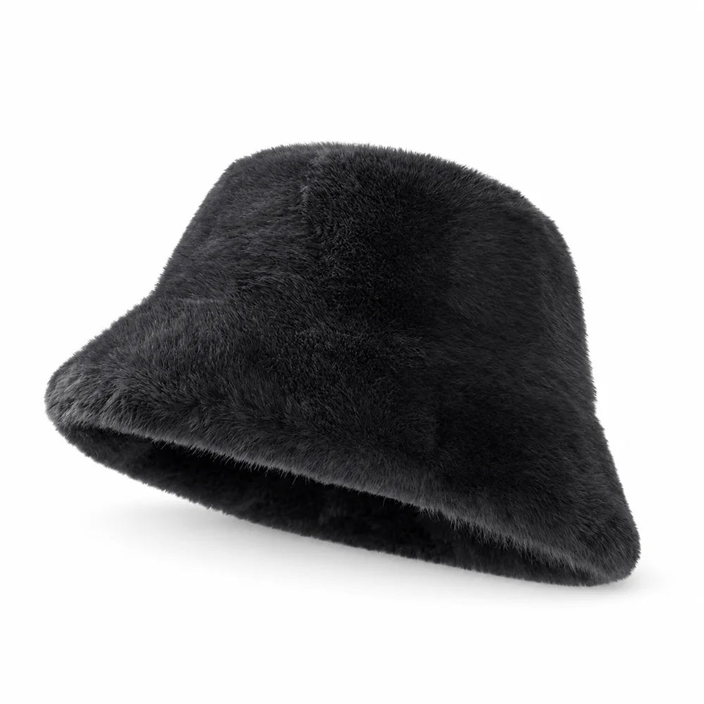 Black fluffy faux fur bucket hat