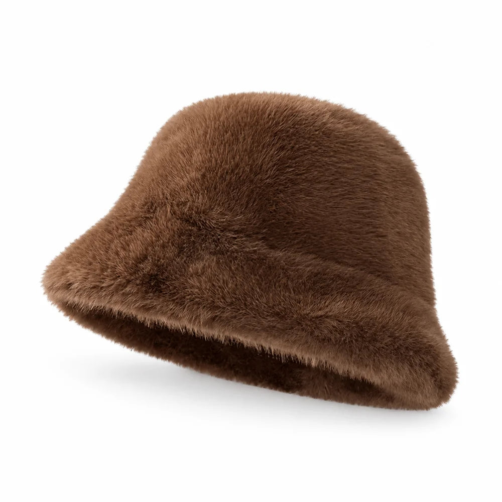 Brown fluffy faux fur bucket hat
