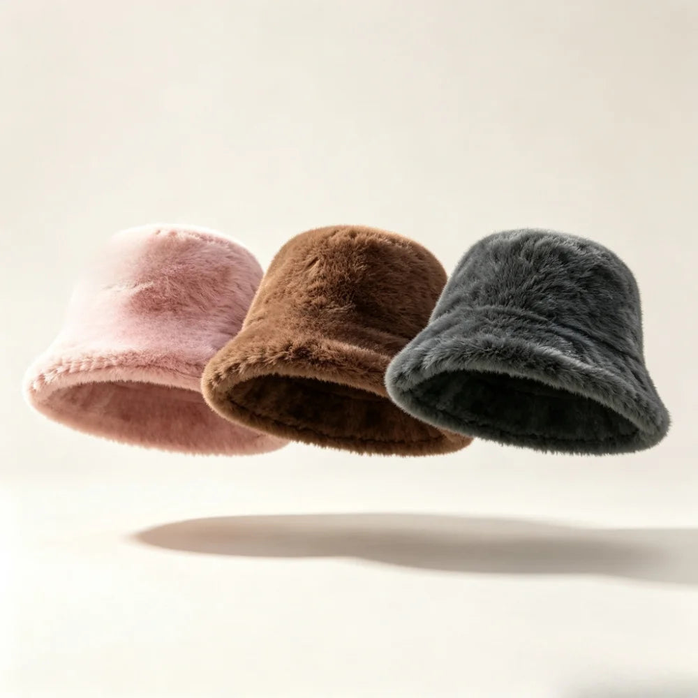 Fluffy faux fur bucket hats in pink, brown and black
