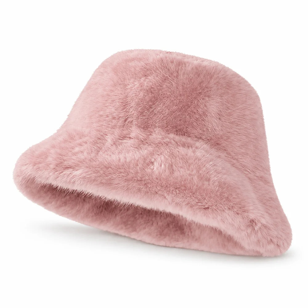 Pink fluffy faux fur bucket hat