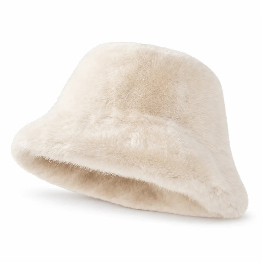 White fluffy faux fur bucket hat